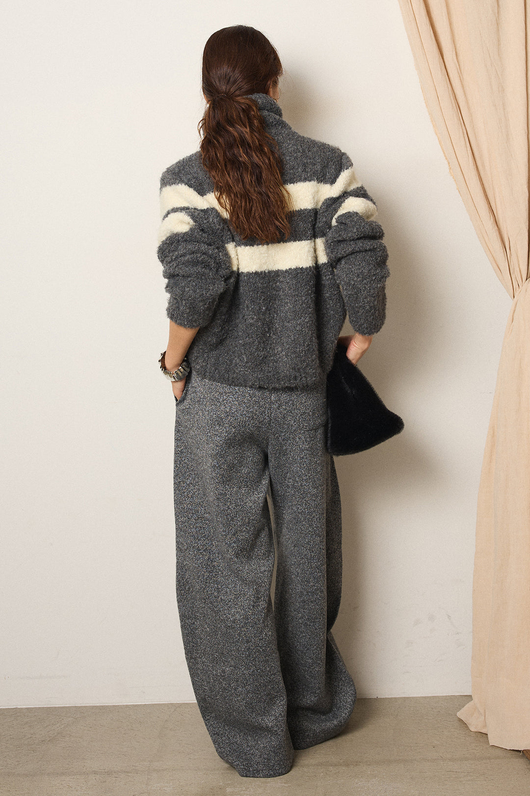 [SET]ハイネックボーダーニットカーディガン+杢ニットフレアパンツ(2set)