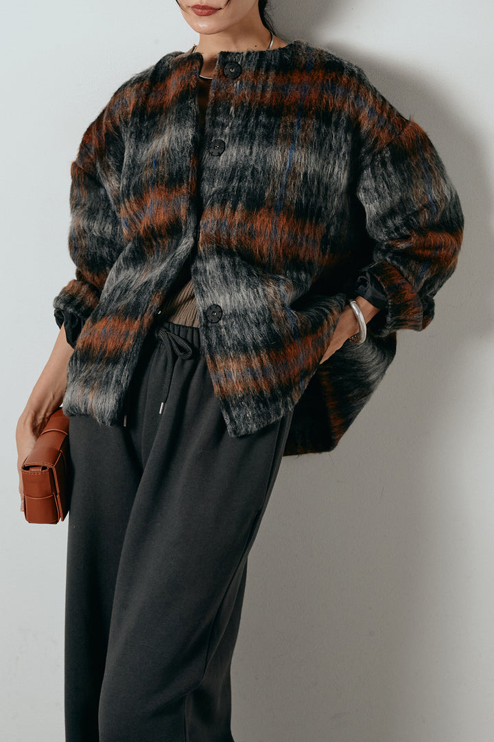 [SET]ノーカラーシャギーチェックアウター+裏起毛スウェットワイドパンツ(2set)