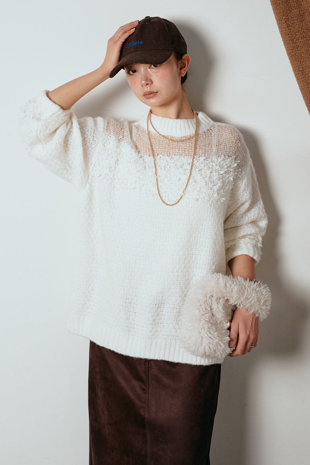 [SET]パターンランダム編みニットトップス+スウェードライク裾フリンジスカート(2set)