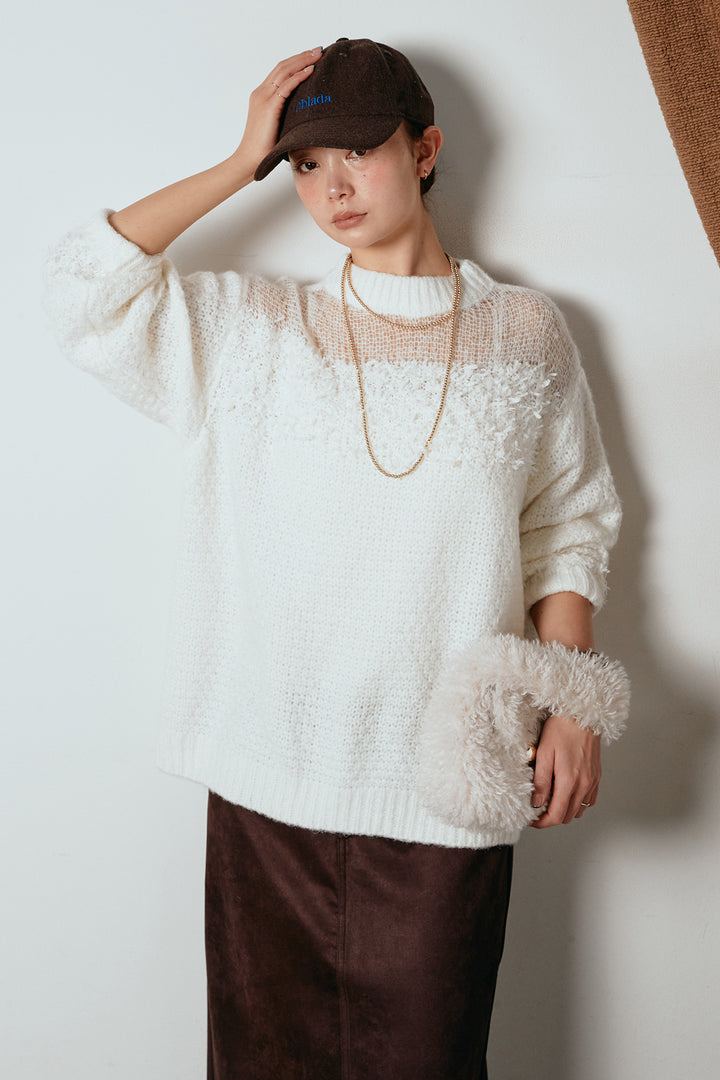 [SET]パターンランダム編みニットトップス+スウェードライク裾フリンジスカート(2set)