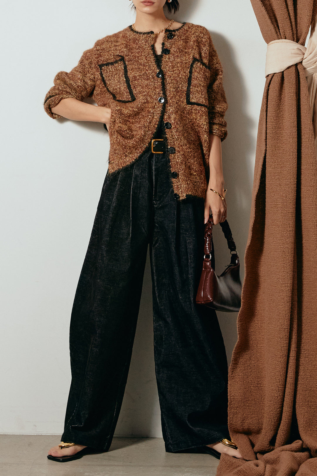 [SET]ミックスニットポケットカーディガン+フロントタック入りコーデュロイパンツ(2set)