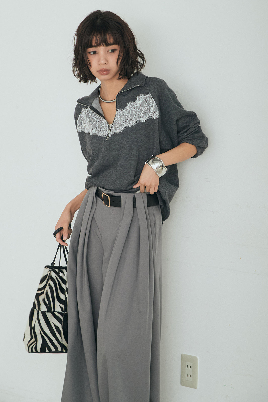 [SET]リバーレースハーフジップ裏毛スウェット+ベルト付きタックデザインハイウエストロングパンツ(2set)