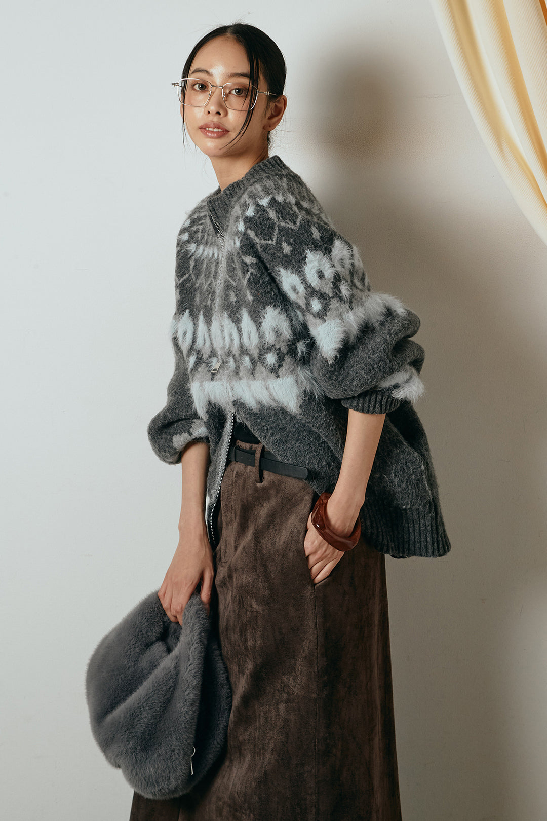 [SET]起毛ダブルジップパターンニットカーディガン+エコスウェードワイドスカート(2set)