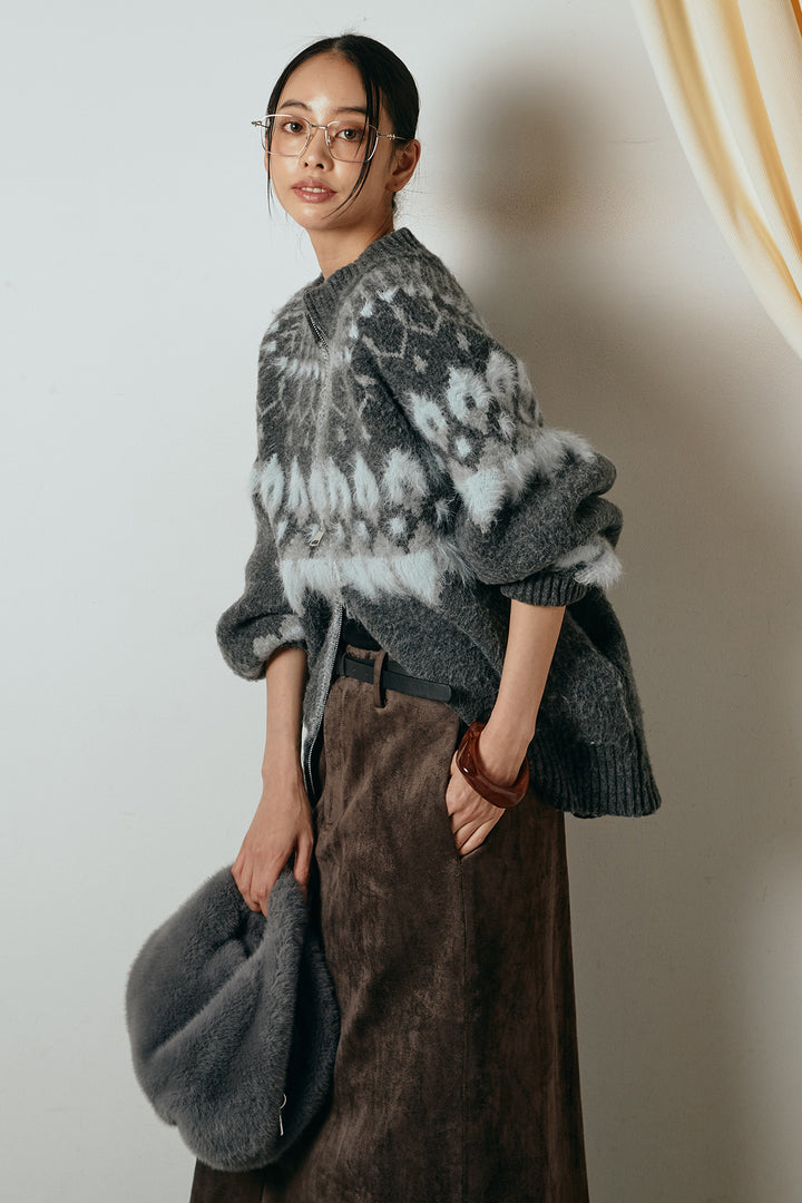 [SET]起毛ダブルジップパターンニットカーディガン+エコスウェードワイドスカート(2set)