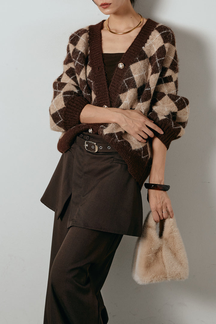 [SET]オーバーサイズ総柄Vネックニットカーディガン+ベルト付きウエストデザインパンツ(2set)