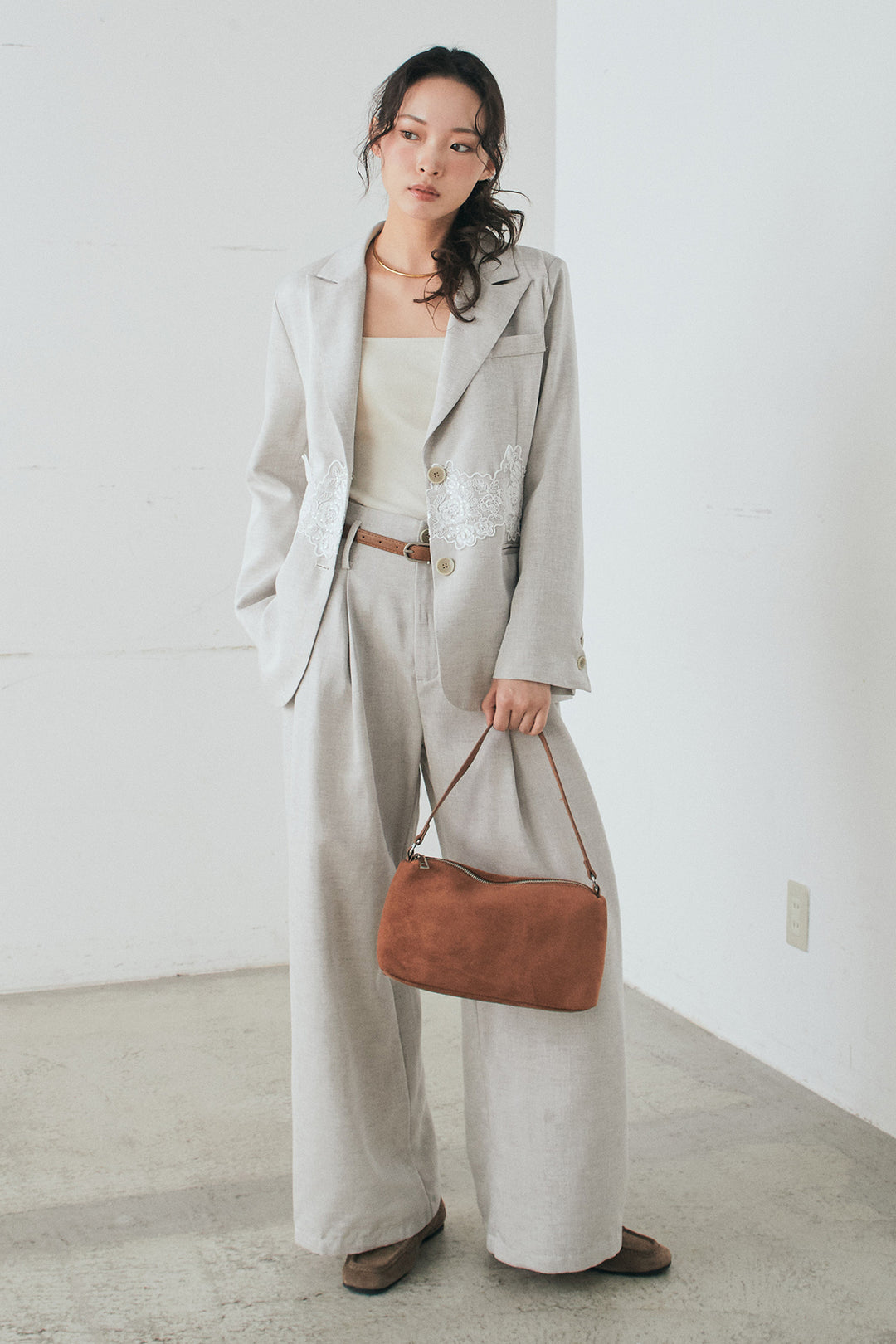 [SET]リネンタッチレースデザインジャケット+リネンタッチ細ベルト付きワイドパンツ(2set)