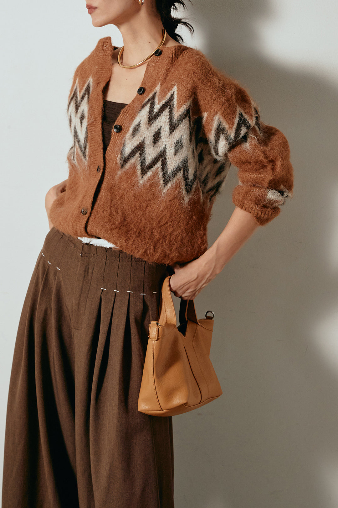 [SET]起毛ノルディック柄ニットカーディガン+ウエストステッチデザインワイドスラックス(2set)