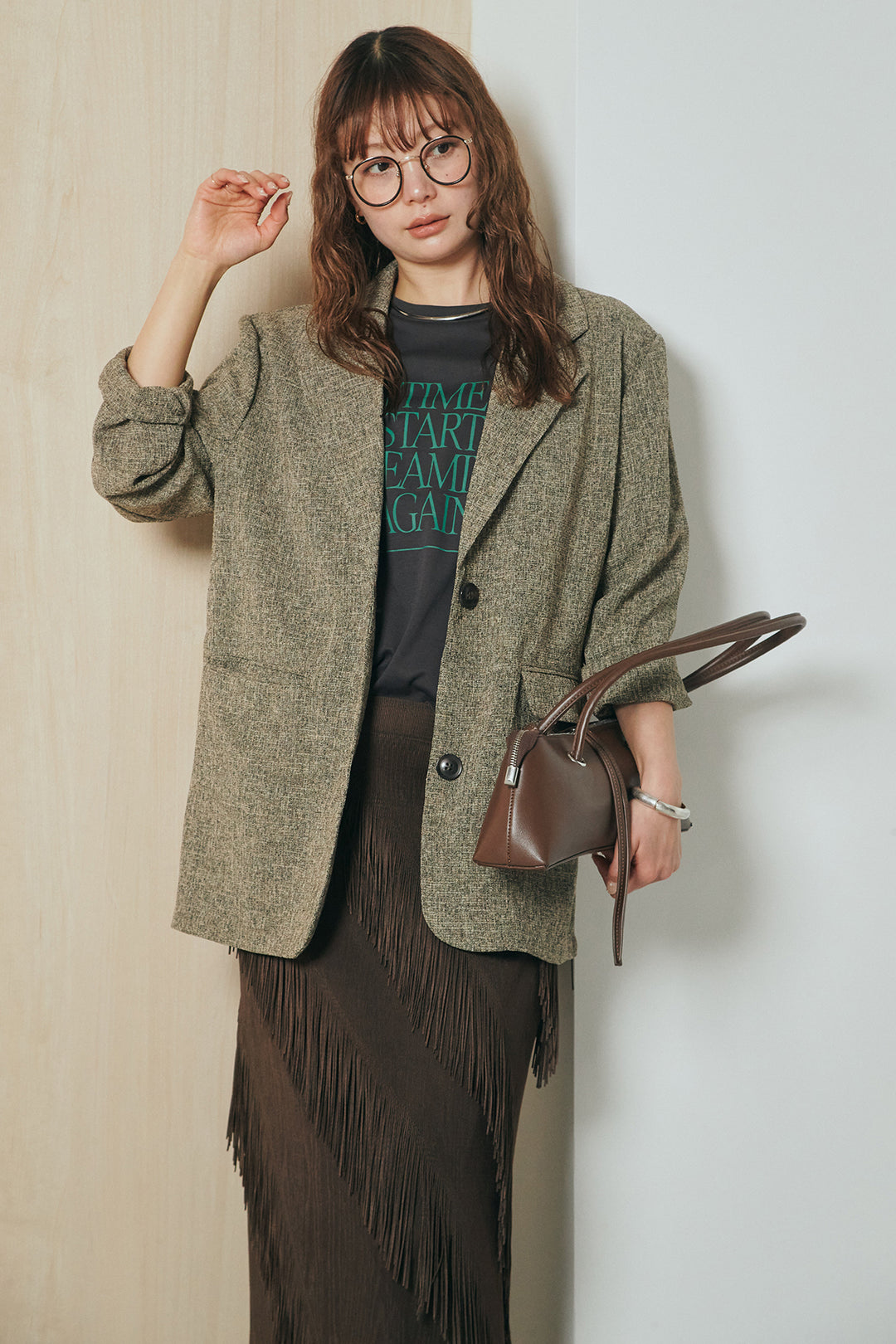 [SET]ミックスツイードベルト付きジャケット+斜めフリンジデザインスカート(2set)