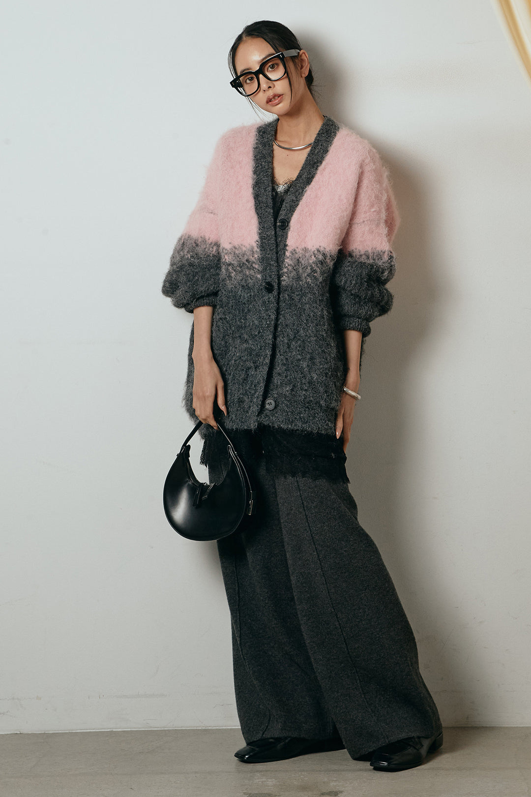 [SET]起毛グラデーションニットカーディガン+レース切り替えキャミソール(2set)