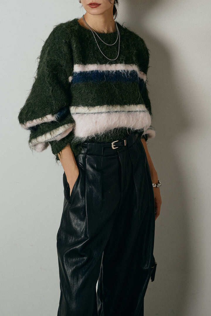 [SET]起毛配色マルチボーダーニットトップス+ベルト付きレザーライクタックパンツ(2set)