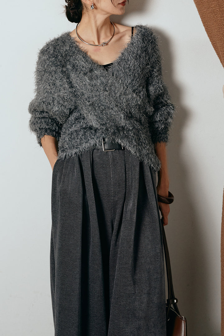 [SET]シャギークロスニットトップス+ベルトループコーデュロイワイドパンツ(2set)