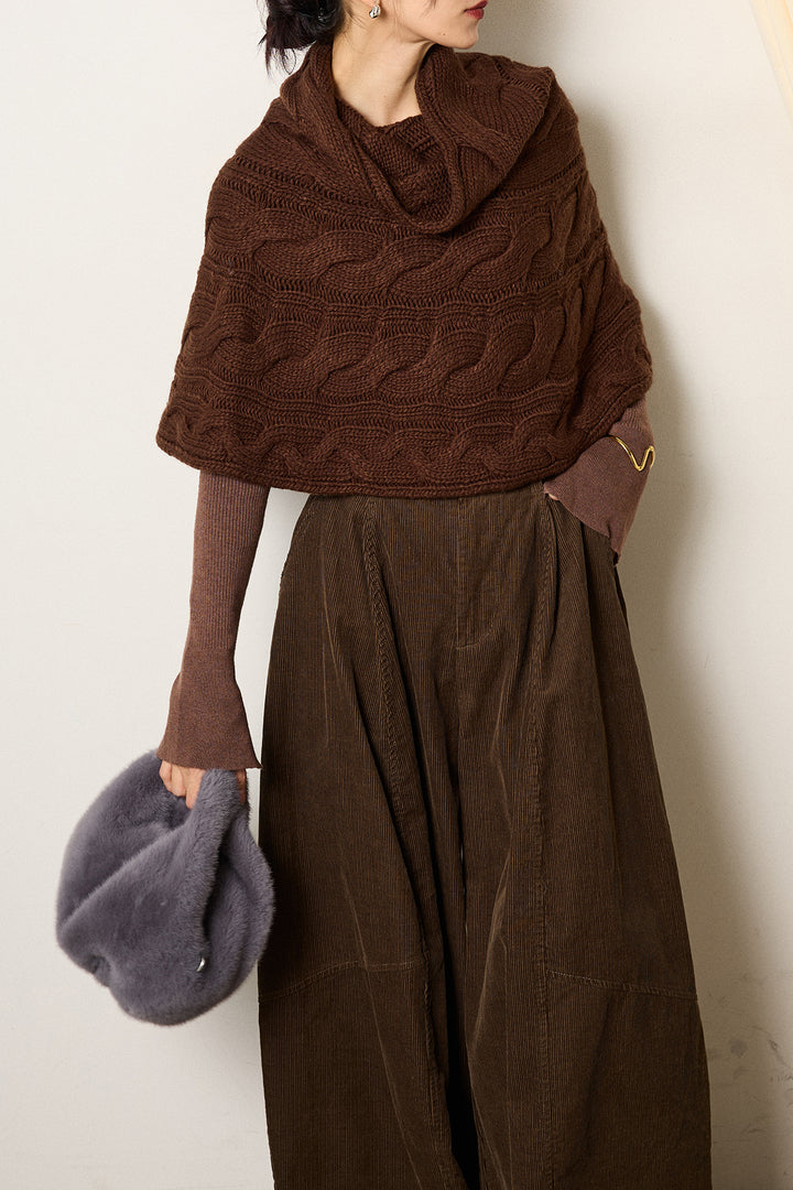 [SET]ケーブル編みケープレイヤードニット+タック入りコーデュロイワイドパンツ(2set)
