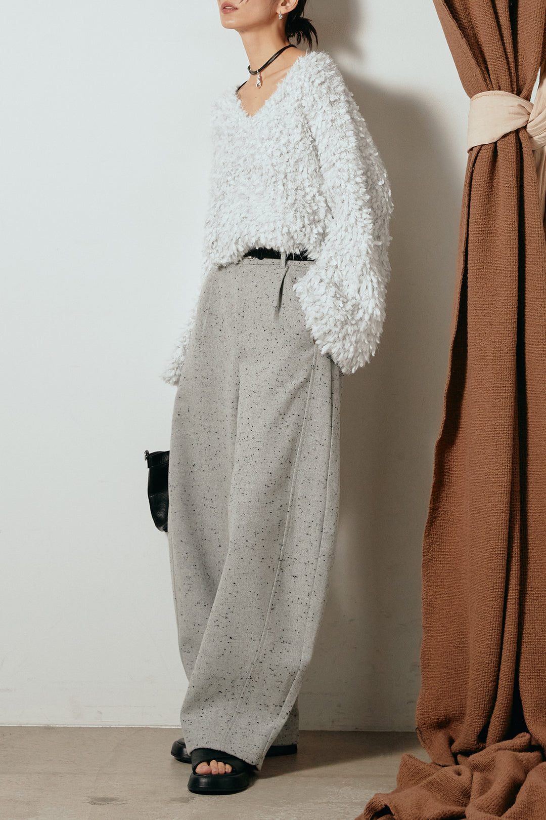 [SET]深Vネックチョウチョヤーンニットトップス+ベルト付きネップツイードカーブパンツ(2set)