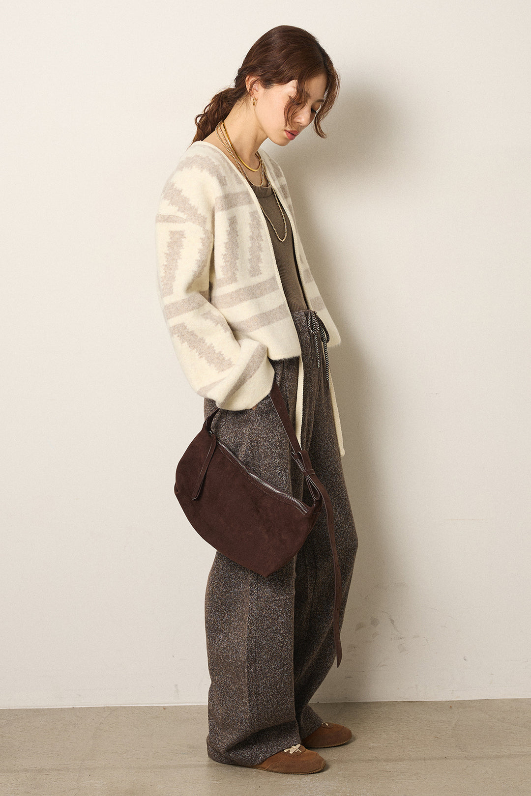 [SET]幾何学柄ノーカラーカーディガン+杢ニットフレアパンツ(2set)