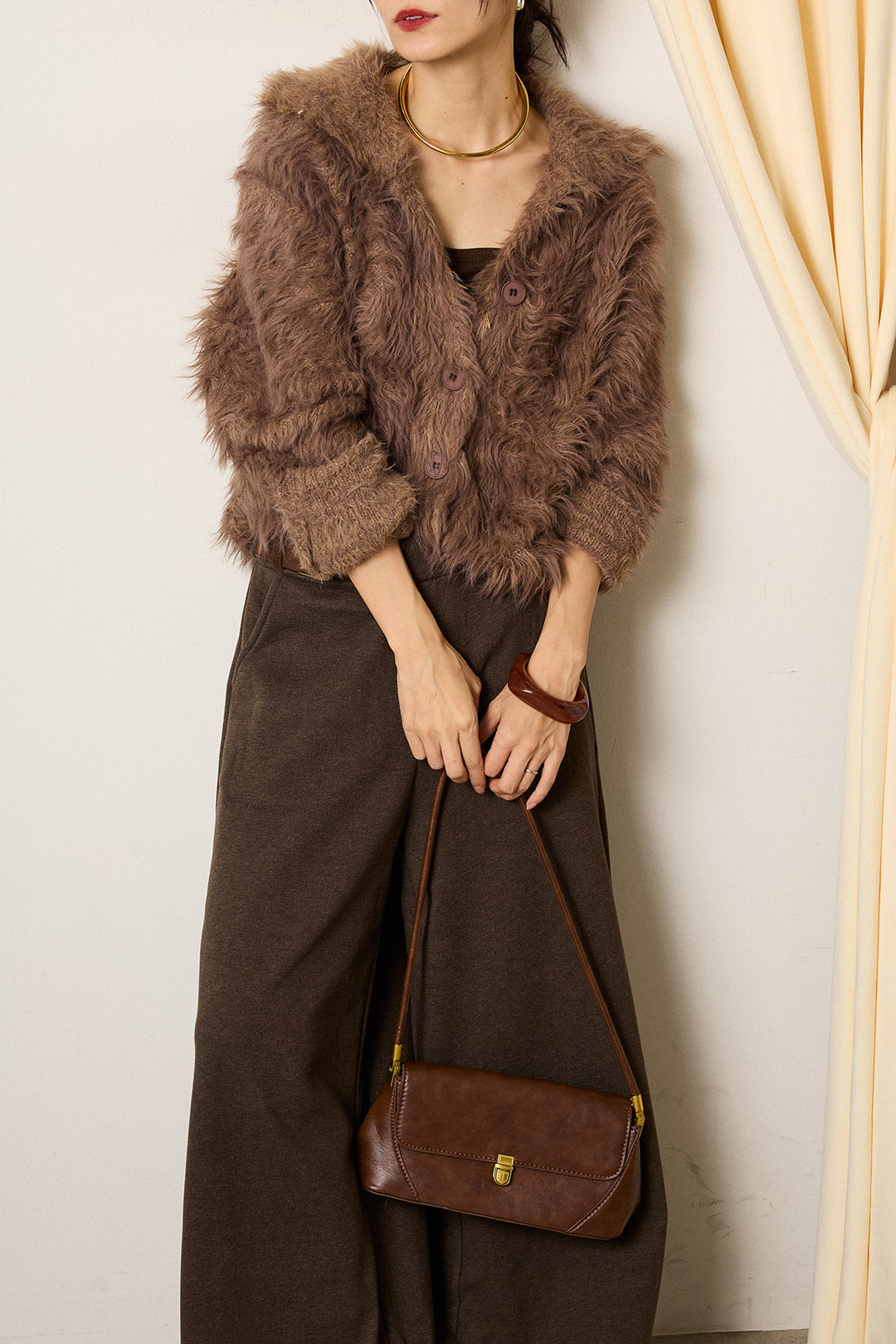 [SET]襟付きシャギーニットカーディガン+サイドベルトパンツ(2set)