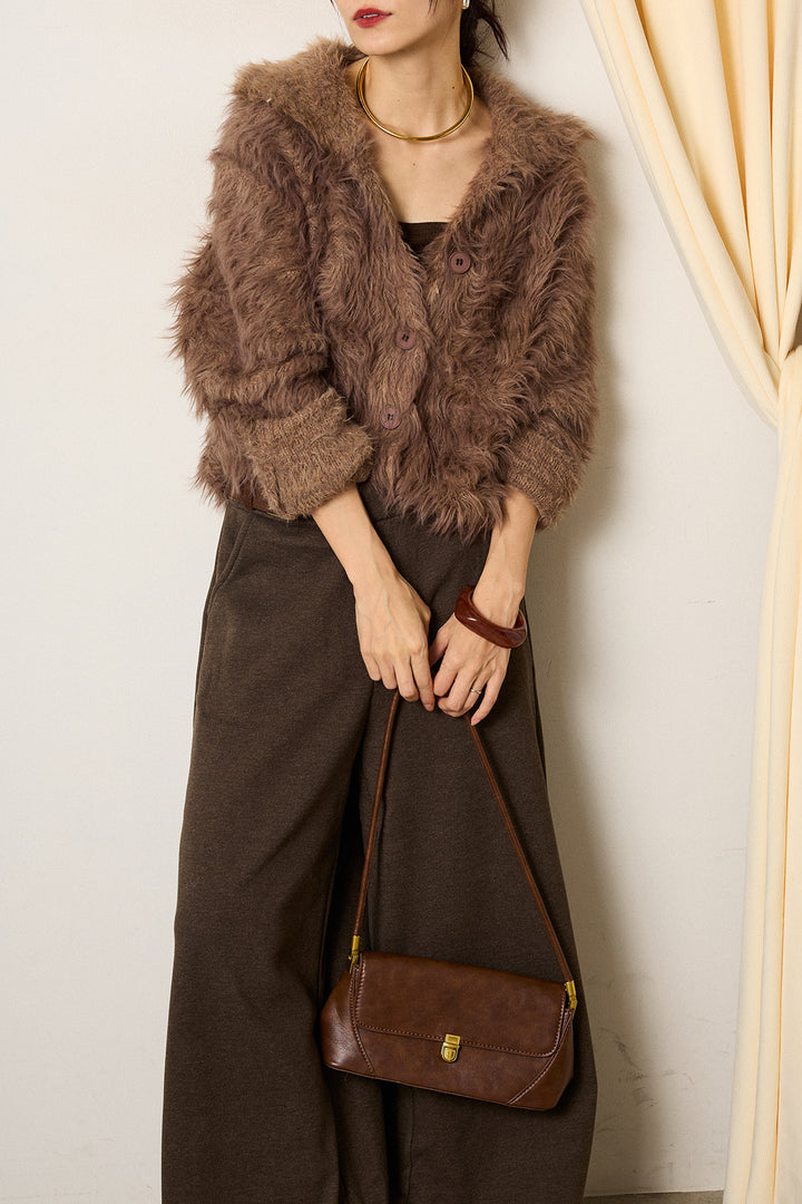 [SET]襟付きシャギーニットカーディガン+サイドベルトパンツ(2set)