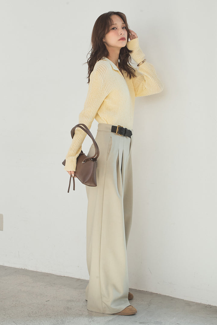 [SET]衿付きニットプルオーバー+サイドベルトタック入りスラックス(2set)