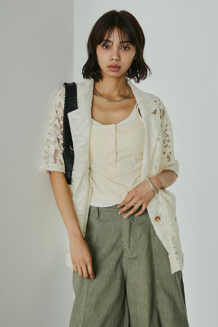 [SET]シアージャガードハーフスリーブテーラードジャケット+サイドベルトカーブワイドパンツ(2set)