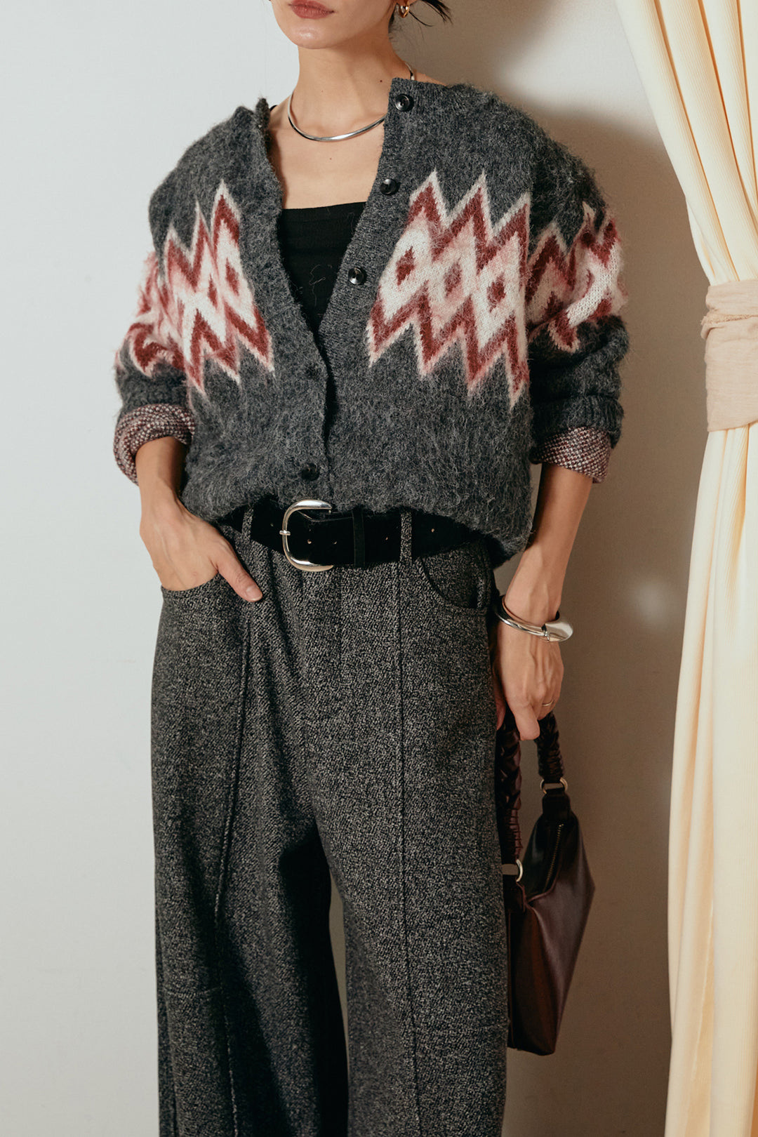 [SET]起毛ノルディック柄ニットカーディガン+太ベルト付きツイードワイドパンツ(2set)