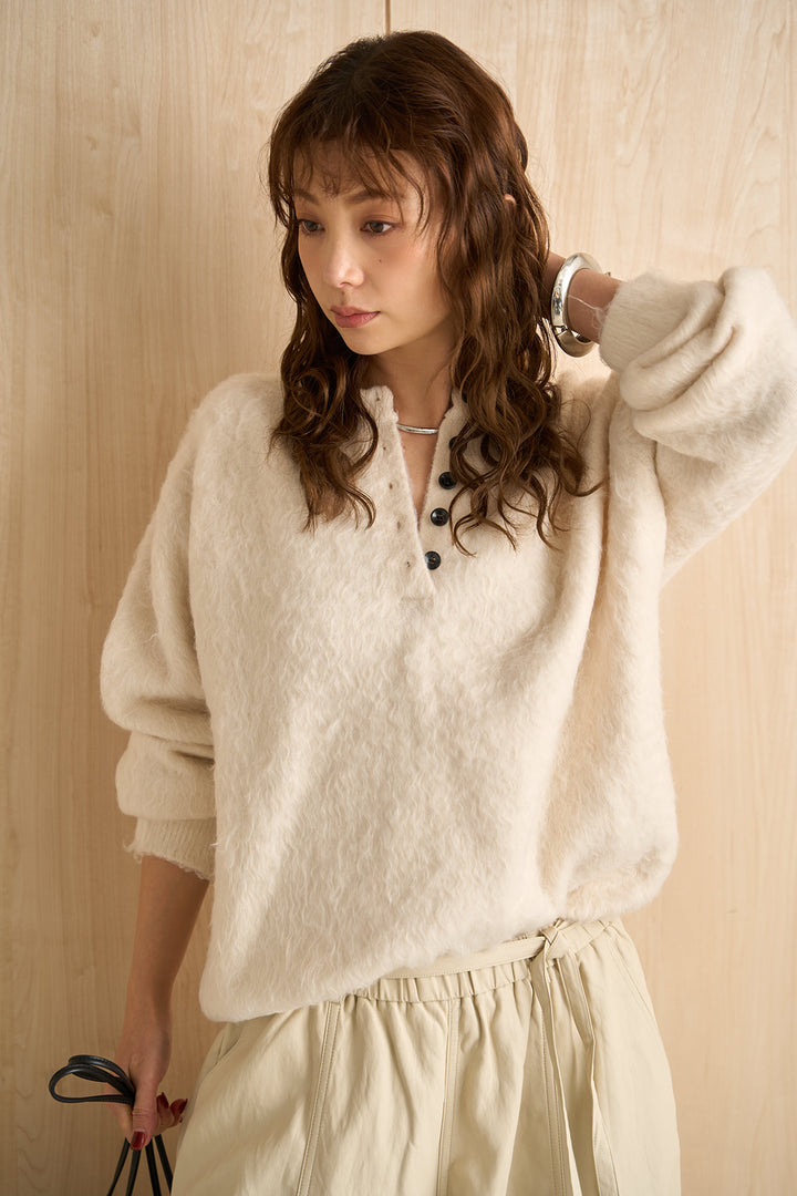 [SET]シャギーヘンリーオーバーニット+フェイクレザーカーブワイドパンツ(2set)