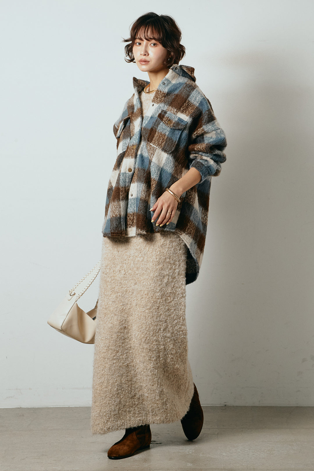 [SET]起毛チェック柄ポケットアウター+起毛ノースリーブニットロングワンピース(2set)