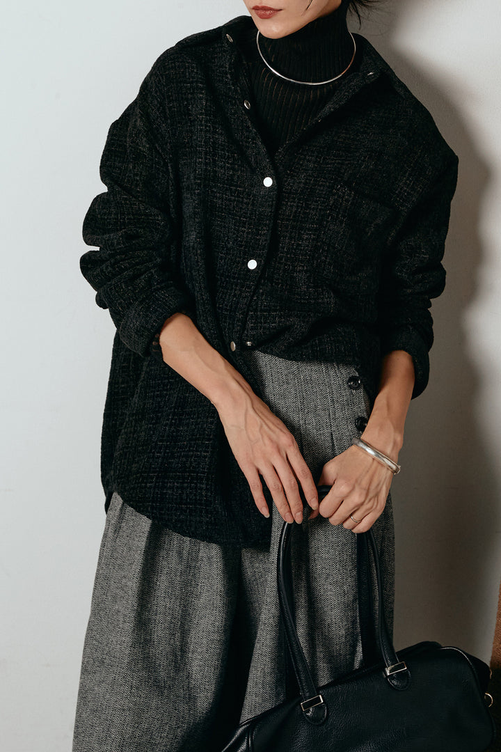 [SET]ルーズクラッシュツイルシャツ+リブニットシームレスタートルプルオーバー+サイドボタンツイードタックパンツ(3set)