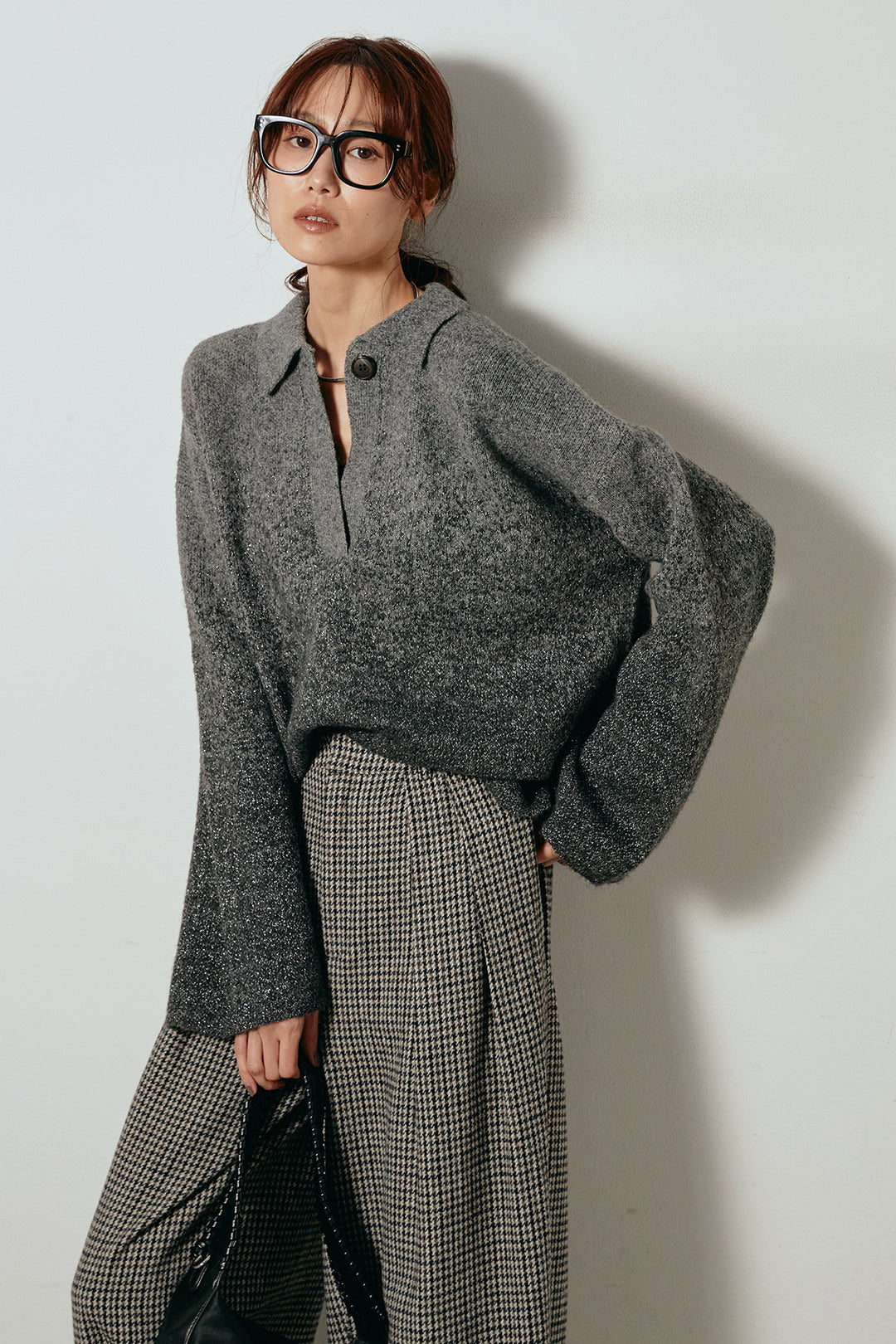 [SET]グラデーションラメニットキーネックプルオーバー+ガンクラブチェックタックパンツ(2set)