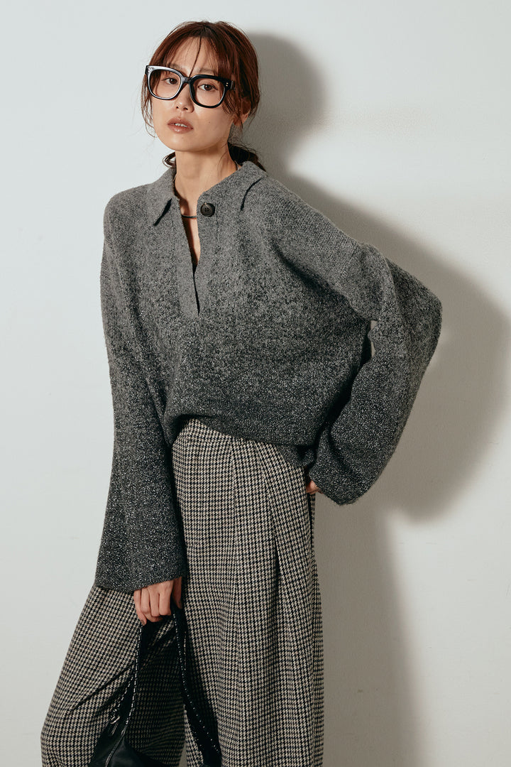 [SET]グラデーションラメニットキーネックプルオーバー+ガンクラブチェックタックパンツ(2set)