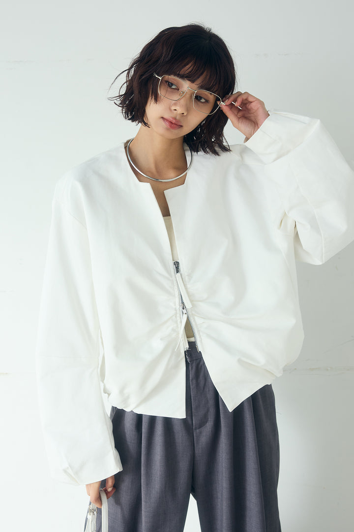 [SET]ノーカラーフロントギャザージップアウター+ツイルメニータックパンツ(2set)