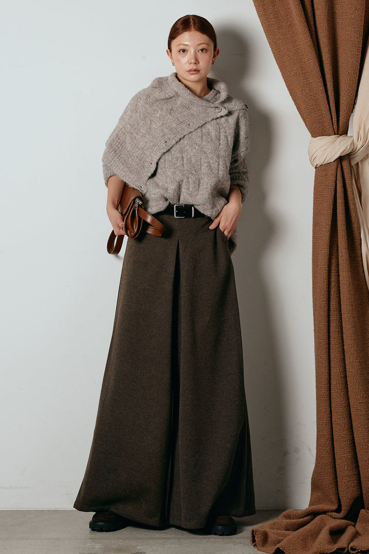 [SET]ケープデザインケーブルニットトップス+ベルト付きフロントタックデザインパンツ(2set)