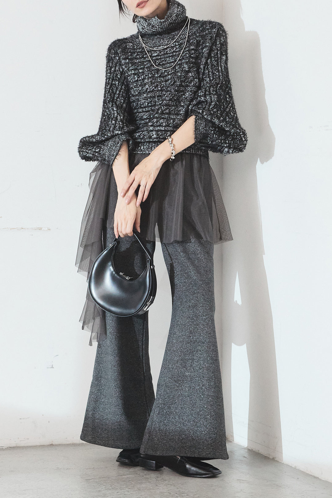 [SET]ミックス編みドルマンニットトップス+チュールレイヤードニットパンツ(2set)