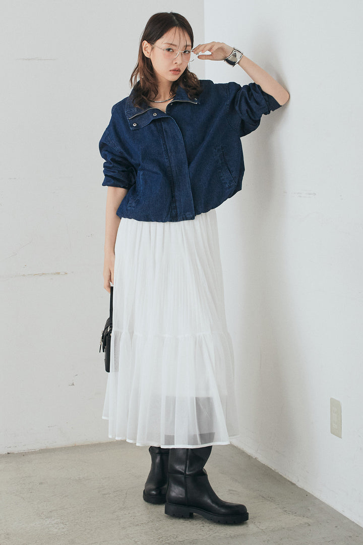 [SET]スタンドカラーデニムブルゾンジャケット+ボリュームシルエットチュールスカート(2set)