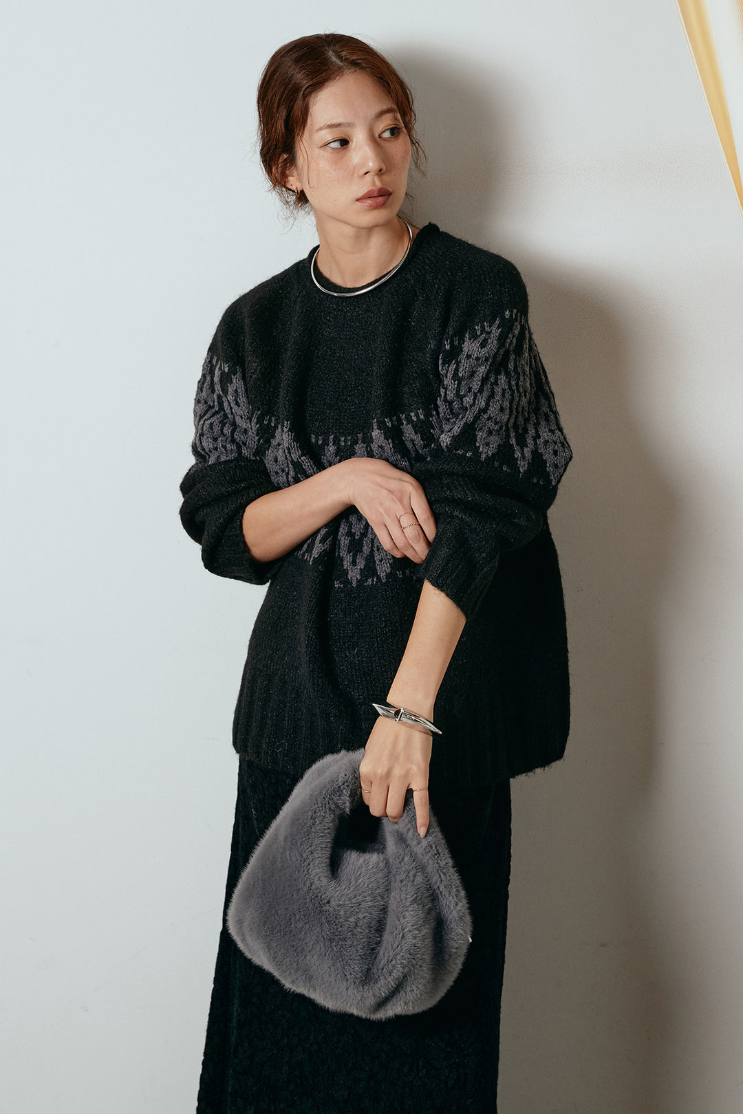 [SET]モノトーン柄ニットトップス+花柄刺繍ベロアフレアスカート(2set)