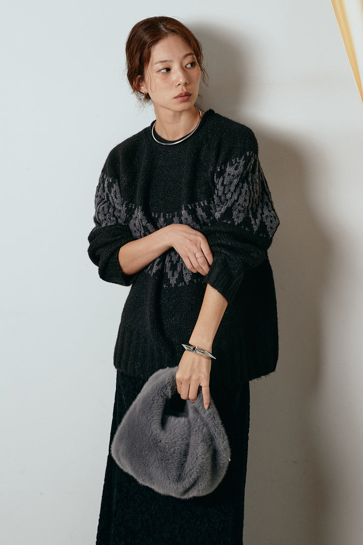 [SET]モノトーン柄ニットトップス+花柄刺繍ベロアフレアスカート(2set)