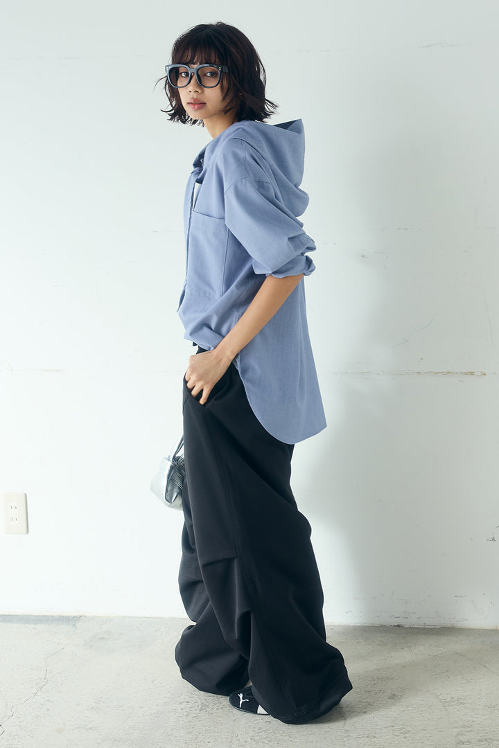 [SET]無地タイ付フーディーBIGシャツ+ランダムタックデザインワイドパンツ(2set)