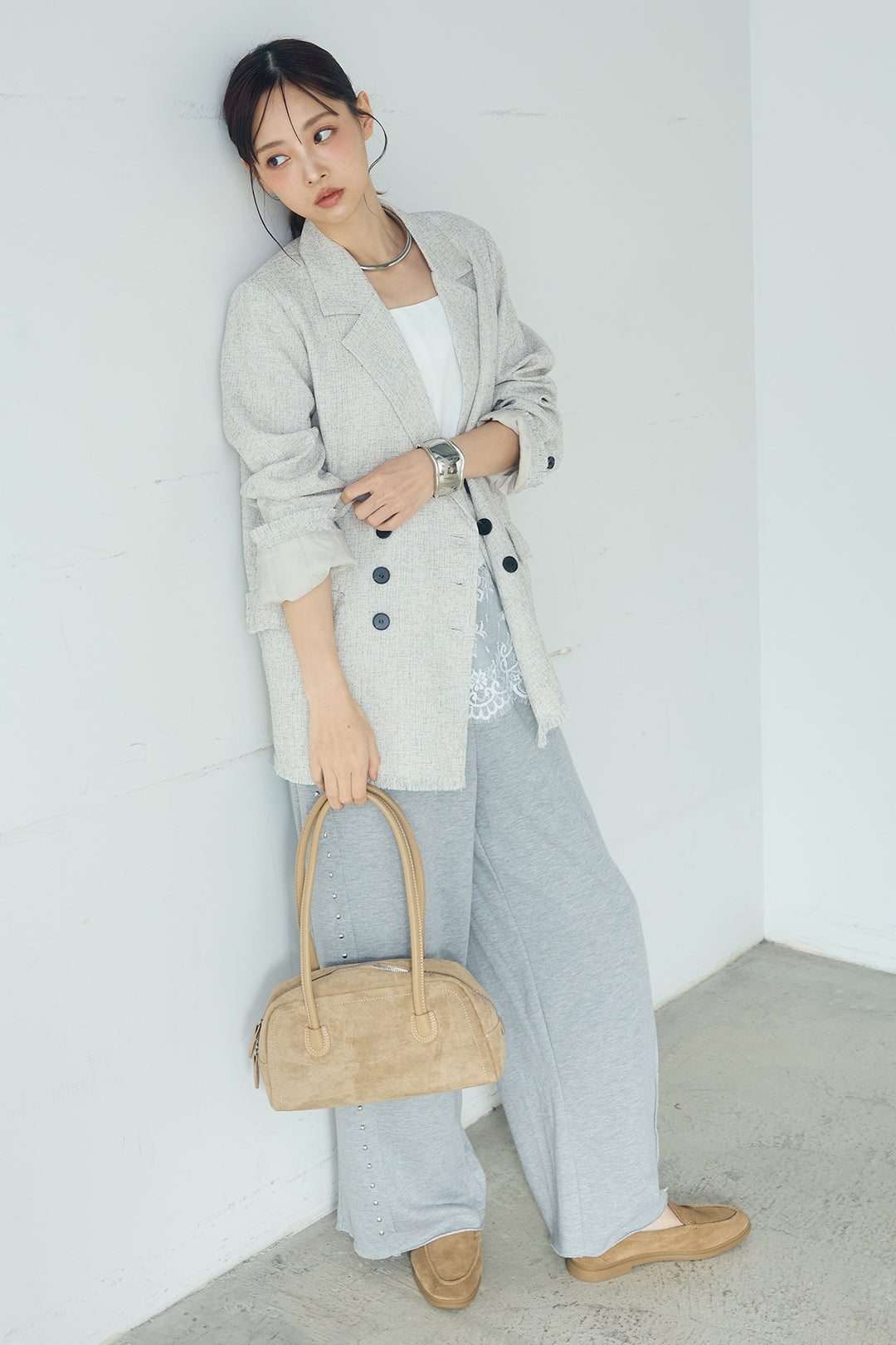 [SET]スラブネップツイードフリンジテーラードジャケット+サイドデザイン入りスウェットパンツ(2set)