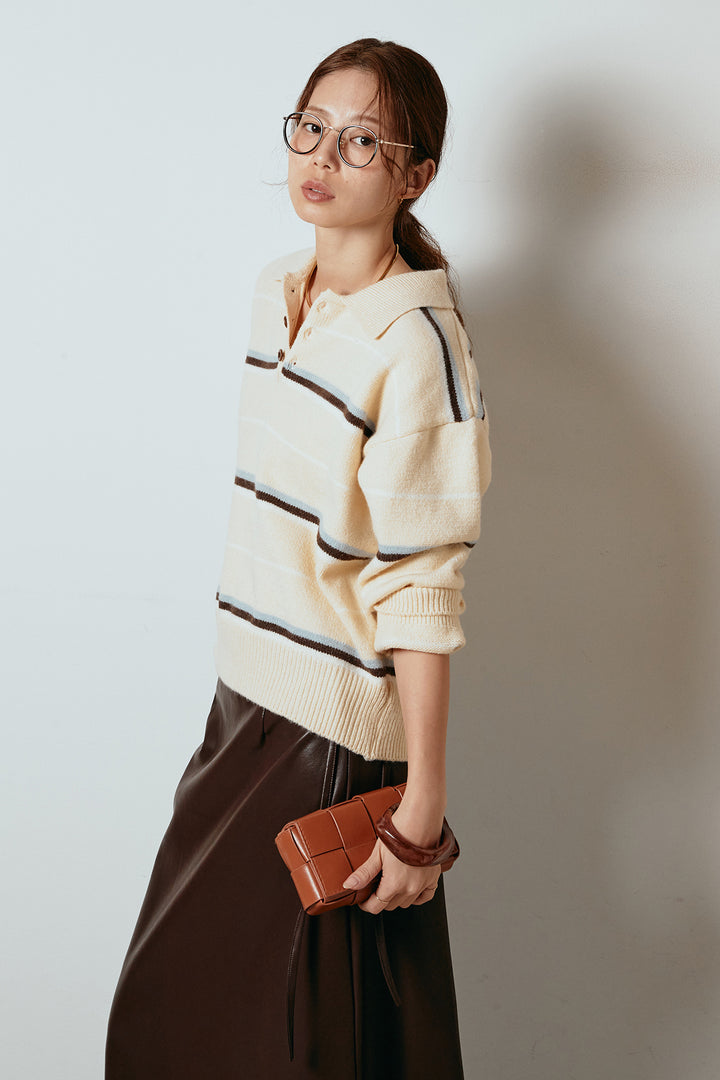 [SET]襟付きマルチボーダーニットポロトップス+紐付きフェイクレザーワイドスカート(2set)