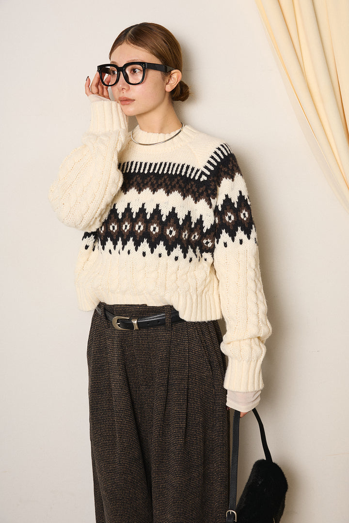 [SET]2WAY求心柄ジャガードショートカーディガン+起毛タック入りツイードワイドパンツ+2WAY袖コード刺繍クルーネックプルオーバー(3set)