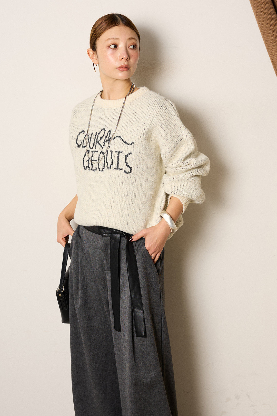 [SET]ロゴシャギーニットプルオーバー+巻ベルトウエストレザーライクワイドパンツ(2set)