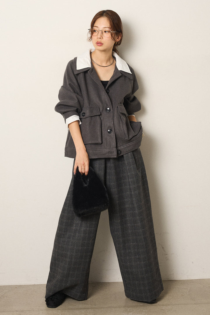 [SET]衿レイヤードフェイクウールジャケット+ウールライクチェックタックパンツ(2set)