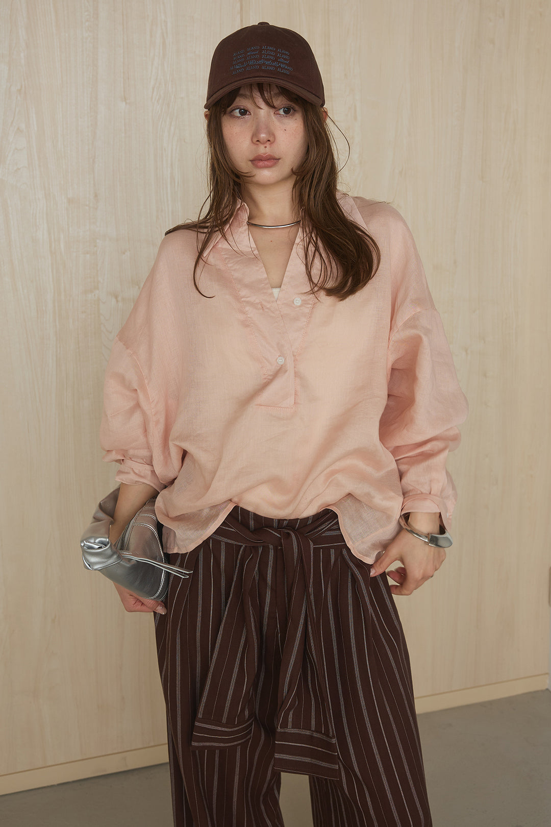 [SET]襟付きボタンブラウス+ウエスト巻きピンストライプパンツ(2set)