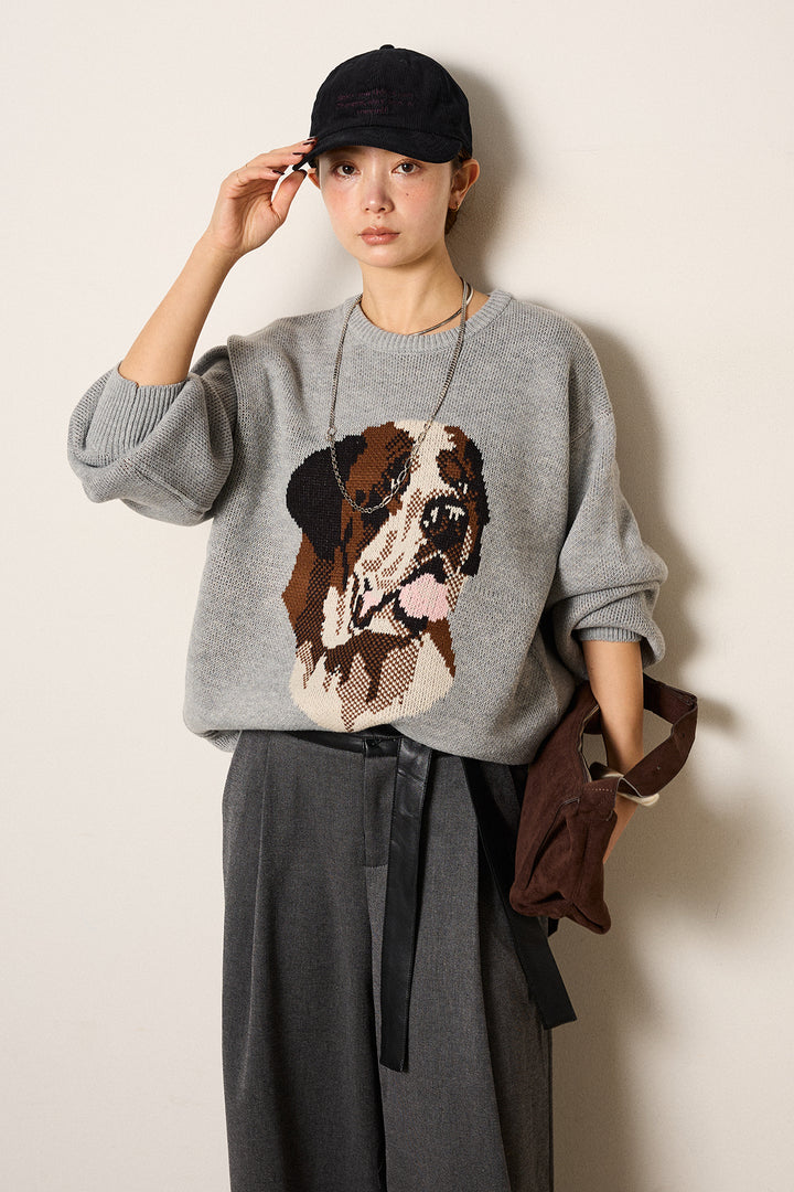 [SET]アニマルジャガード柄ニットトップス+巻ベルトウエストレザーライクワイドパンツ(2set)