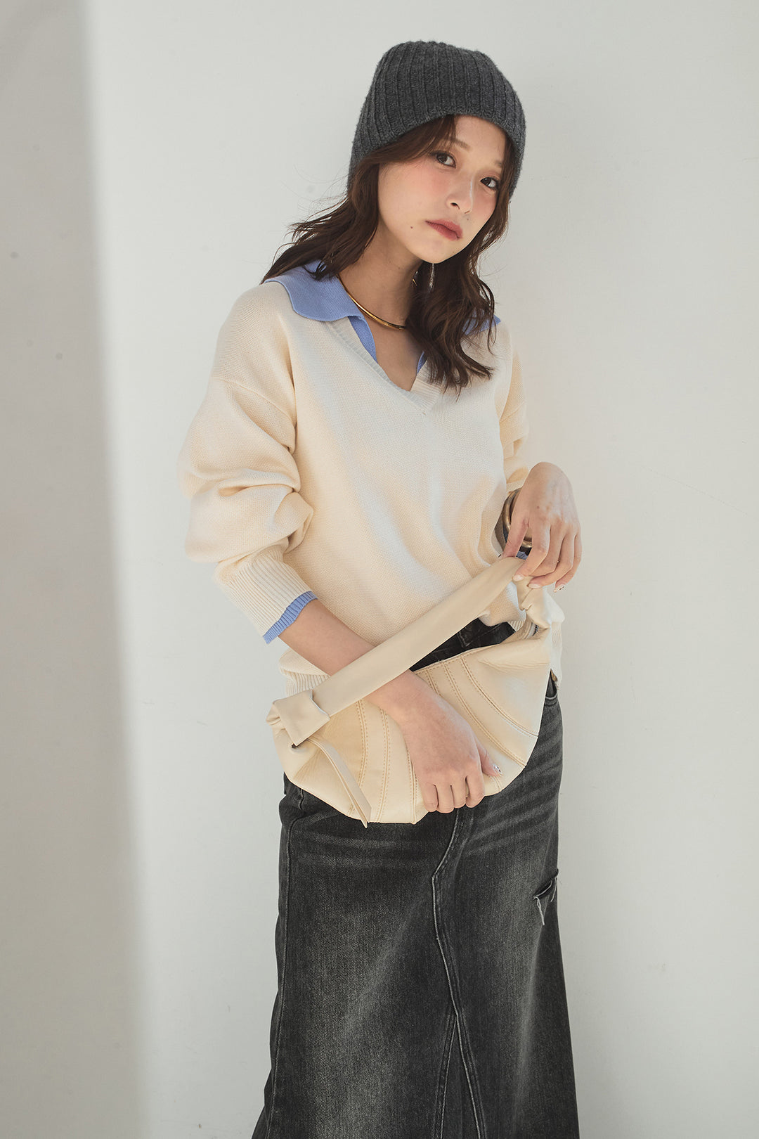 [SET]バイカラーニットレイヤード風プルオーバー+Aラインデニムスカート(2set)