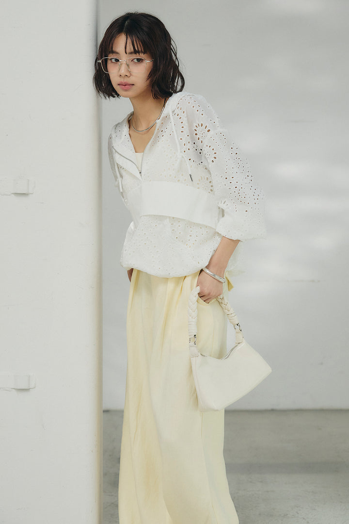 [SET]レースハーフジップアップフーディー+リネン混タックストレートワイドパンツ(2set)