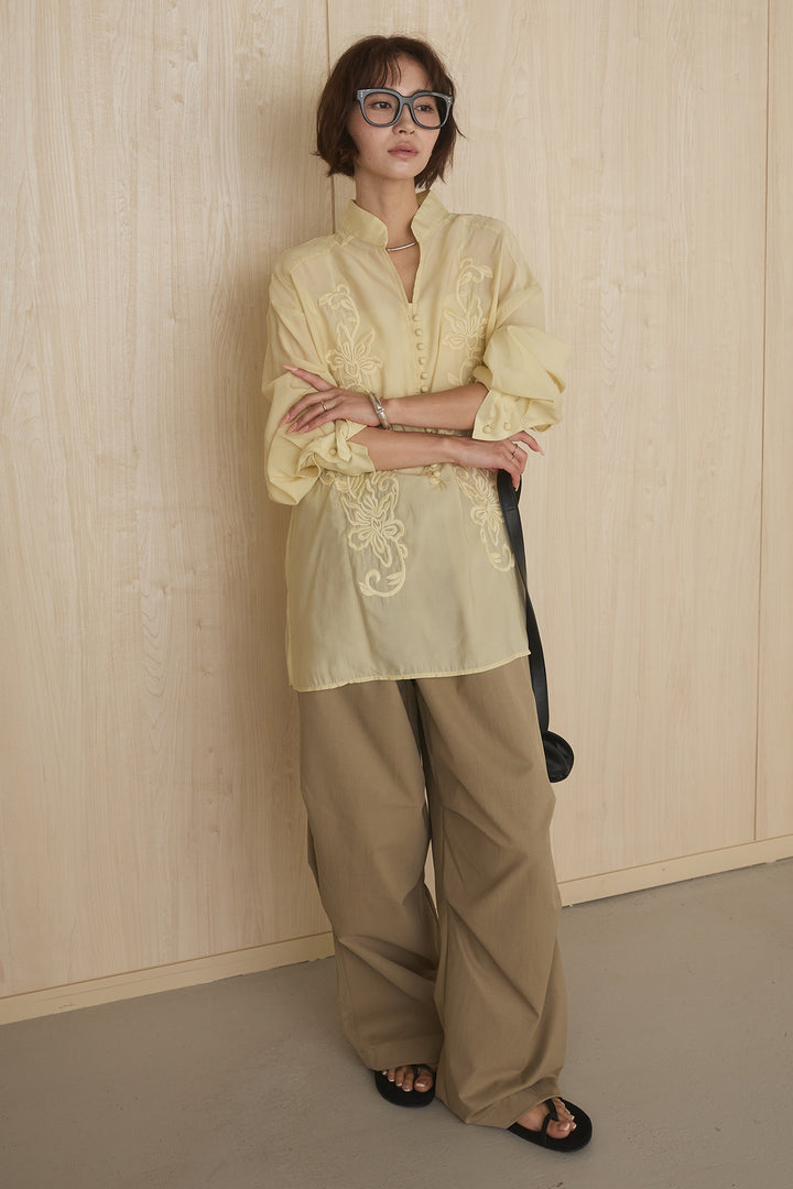 [SET]フロントボタンニュアンス柄ブラウス+ニーサイドタックウエストドロストパンツ(2set)