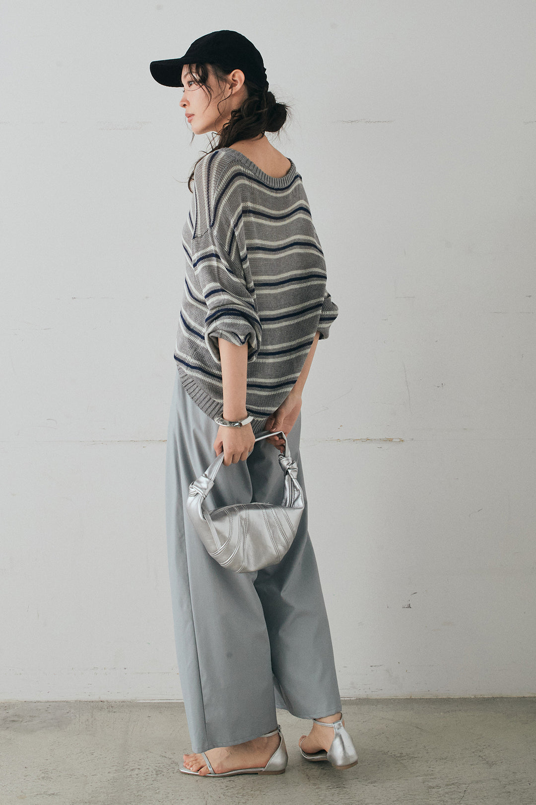 [SET]綿タッチVネックボーダートップス+ウォッシャブルエコレザータックパンツ(2set)