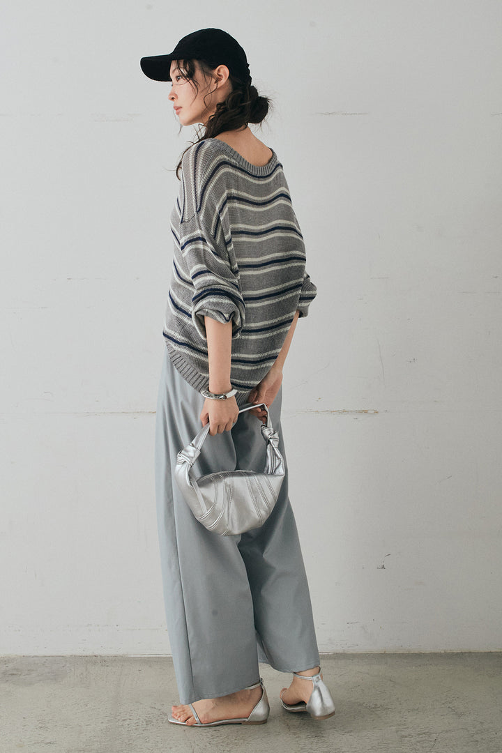 [SET]綿タッチVネックボーダートップス+ウォッシャブルエコレザータックパンツ(2set)