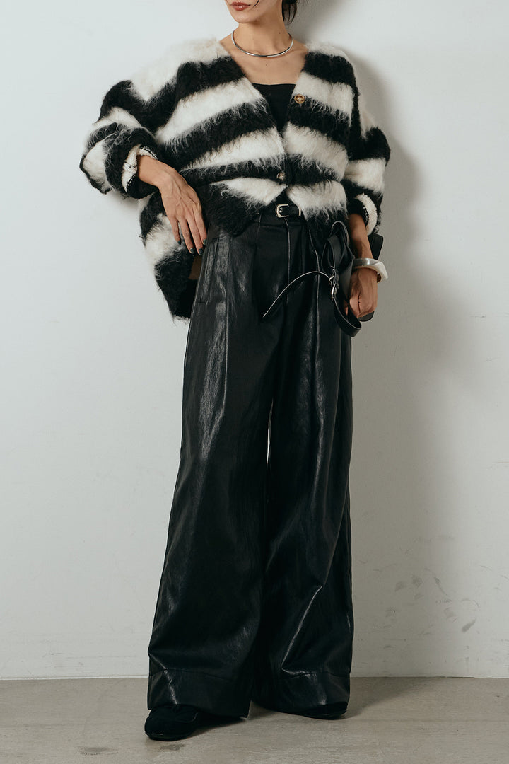 [SET]シャギーボーダー柄ニットカーディガン+ベルト付きレザーライクタックパンツ(2set)