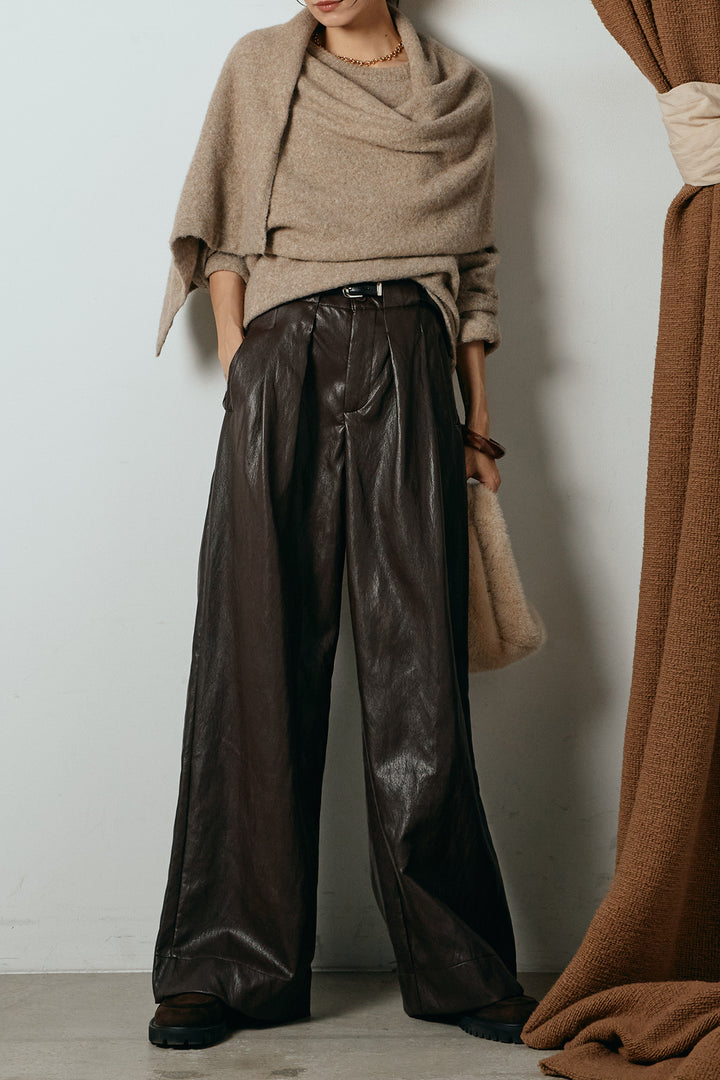 [SET]ネック巻きデザインニットトップス+ベルト付きレザーライクタックパンツ(2set)