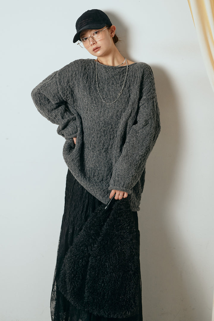 [SET]ボリューム編みニットプルオーバー+ひげレース切替ロング丈スカート(2set)